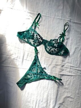 Sheer Floral Lace Bra & Thong Set in Emerald Green